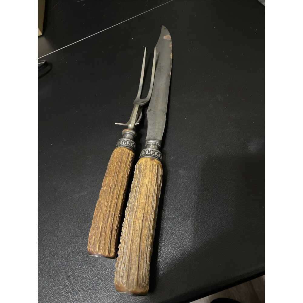Vintage Meriden Cutlery Co. Carving Set – Antler Handles, Sterling Silver Accent